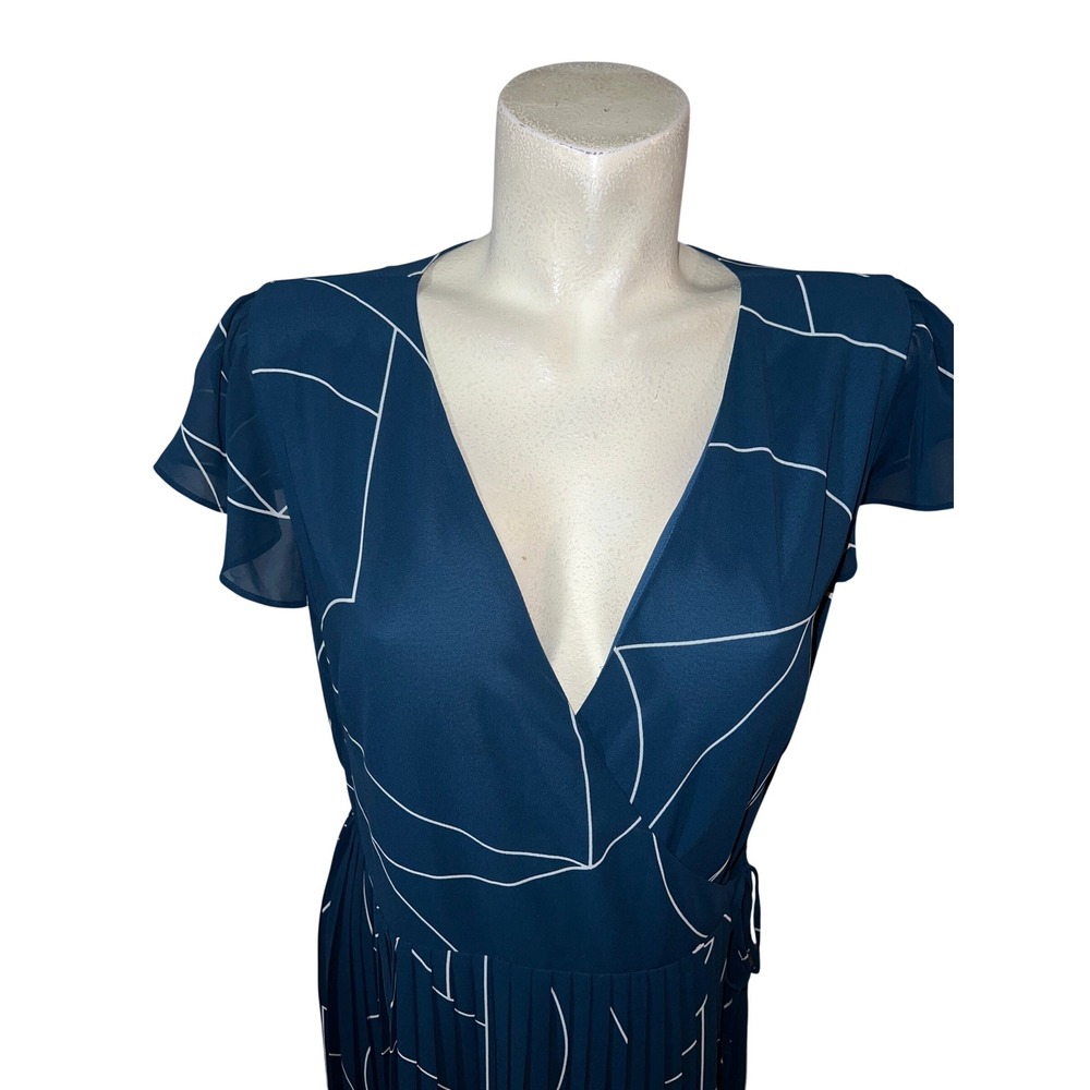 Ann Taylor Teal Blue Geometric Pleated Flutter Sleeve V-Neck Wrap Dress Size 12 - Picture 2 of 7